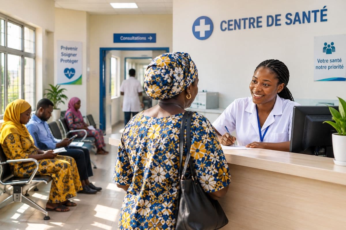 Une usagère à l'accueil d'un centre de santé, face à une employée souriante.
